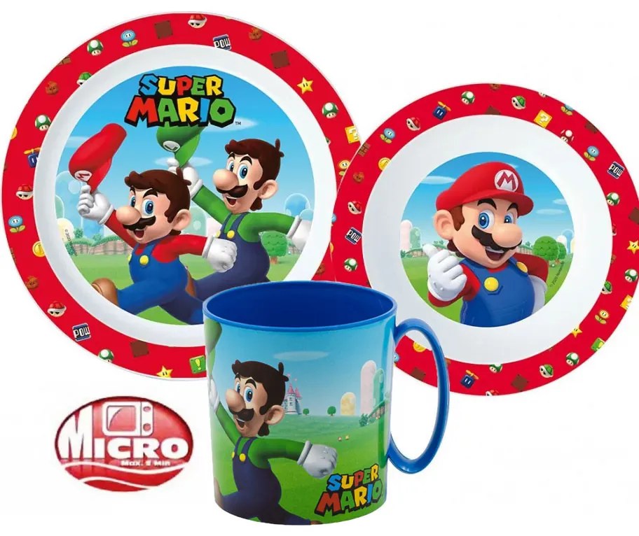 Super Mario Mushroom Kingdom étkészlet, micro műanyag szett bögrével 350 ml