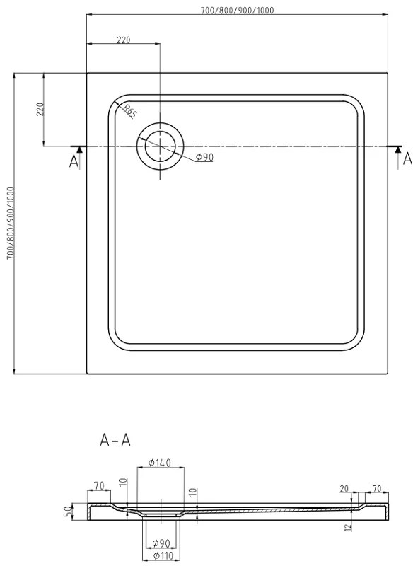 Mexen SLIM - Négyzet alakú zuhanytálca 90x90x5cm + fekete szifon, fehér, 40109090B
