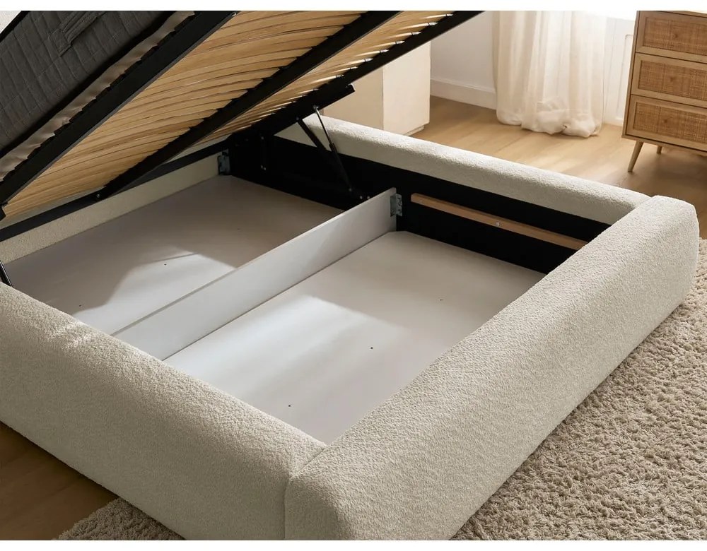 Bézs kárpitozott ágyneműtartós franciaágy ágyráccsal 160x200 cm Orlane – Bobochic Paris