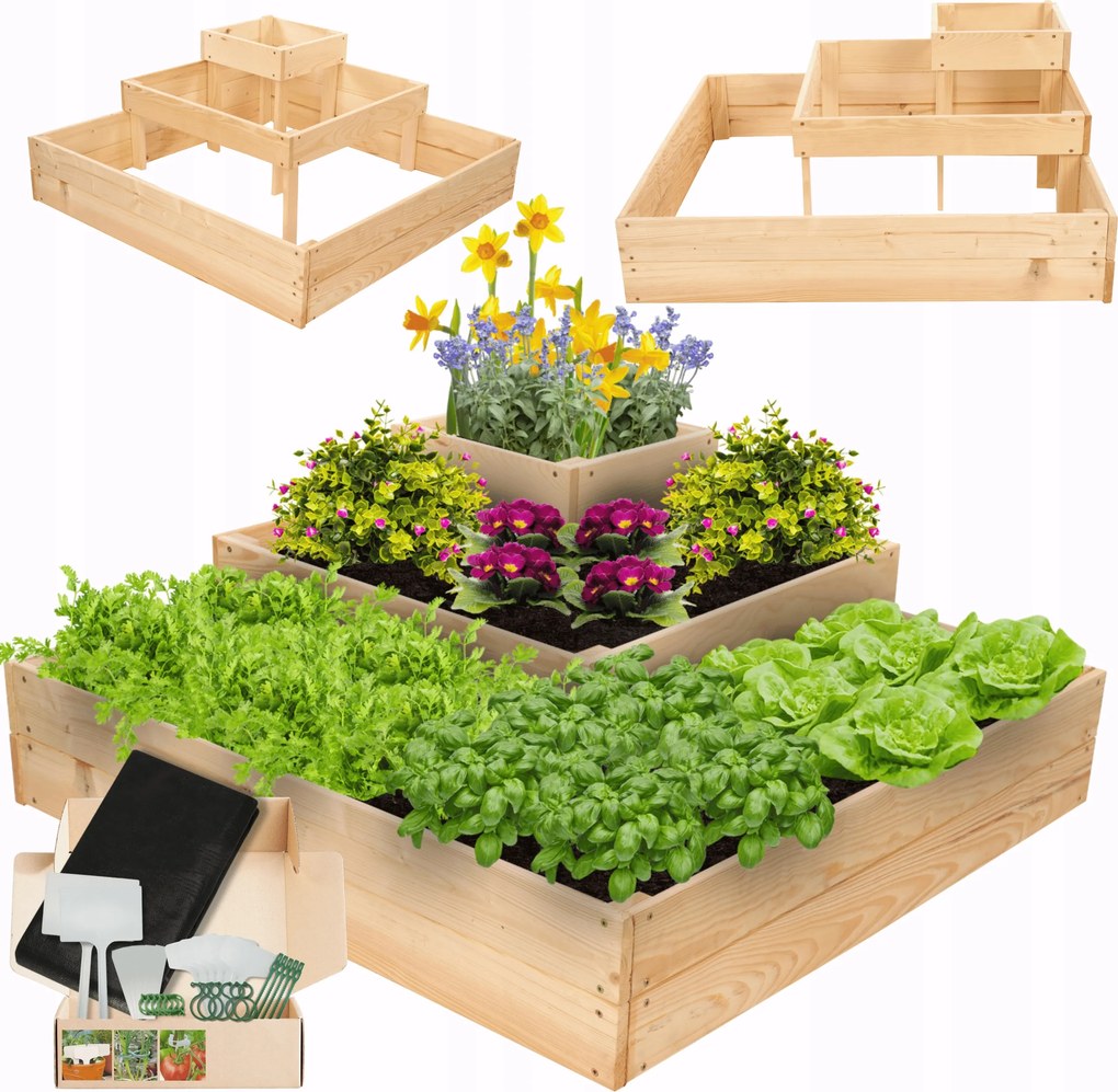 Magasított sarokgarnitúra fa lépcsőzetes ágyás 36x90x90