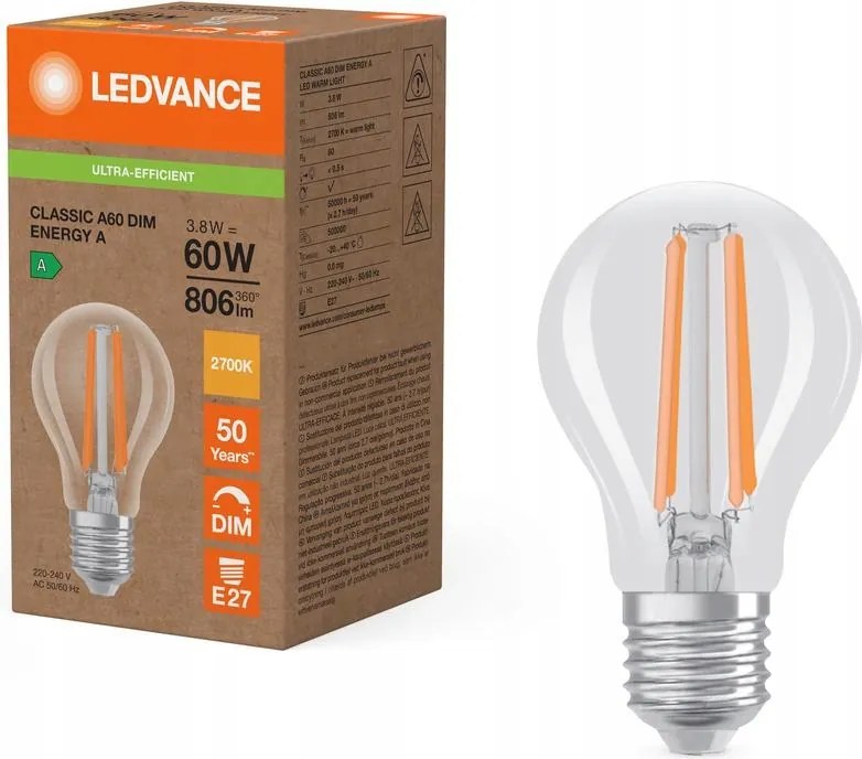 Led izzó E27 A60 3.8W 60W 806lm 2700K Meleg 320° Tompítható Ledvance