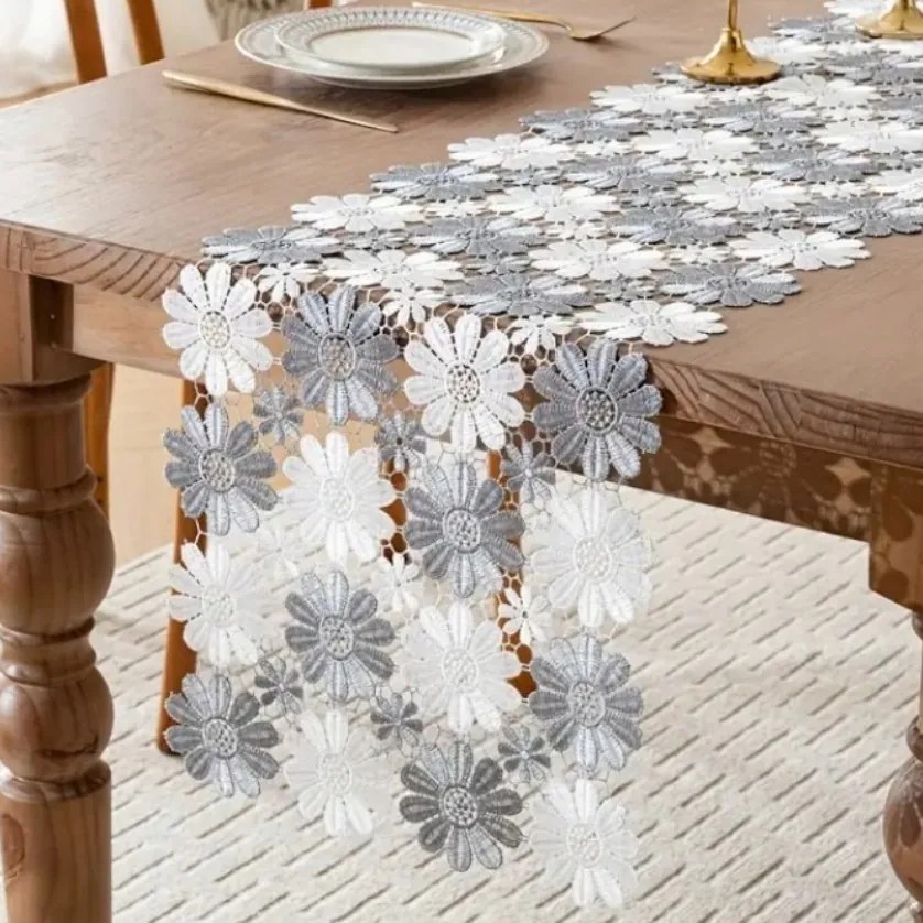 Gipsz Asztali Futófelület abrosz Szürke Fehér csipkés 40x90 elegáns áttört