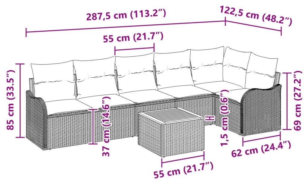 7 Darabos Kert Kanapé Szett Párnákkal Szürke Poli Rattan Akácia