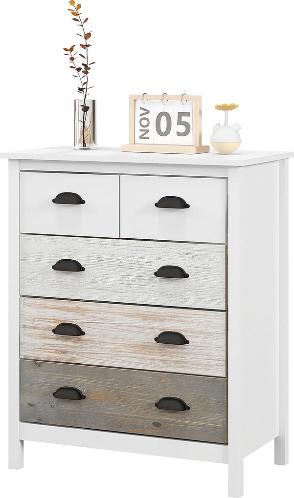 HOMCOM 5 Fiókos Komód Tároló Szekrény, Fogantyúval Ellátott Fiókos Szekrény, Dőlést Megakadályozó Védelem, Hálószobába, Nappaliba, Fehér, 70 x 38 x 85