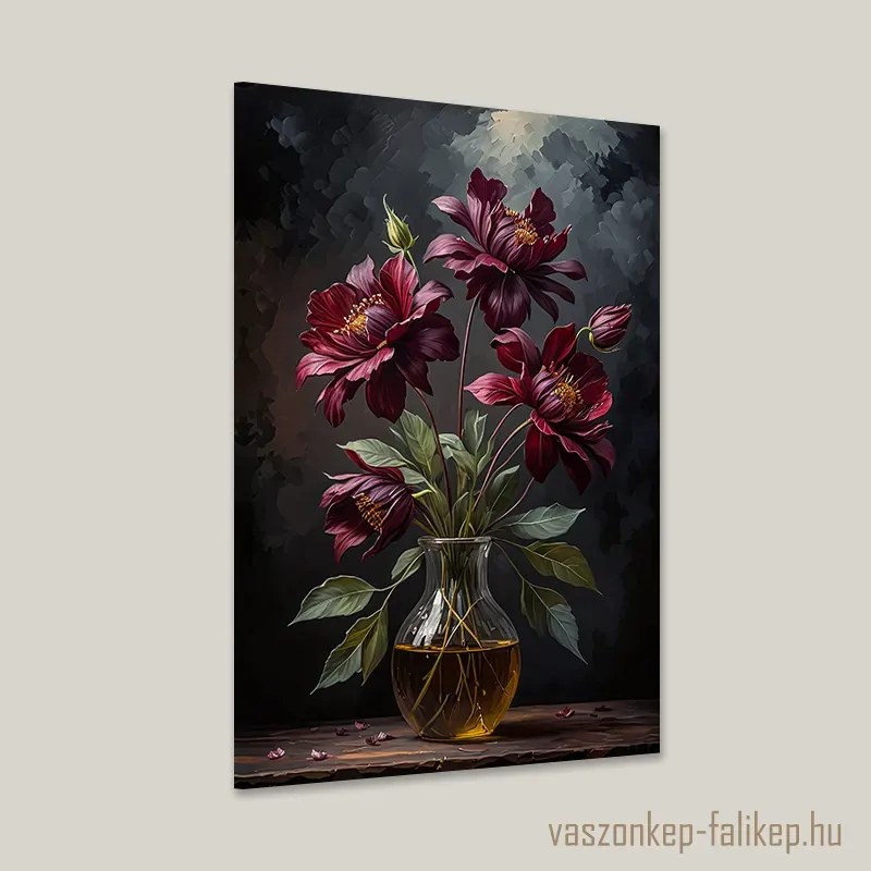 Bíbor virágcsokor üveg vázában – elegancia a falon 40x60cm
