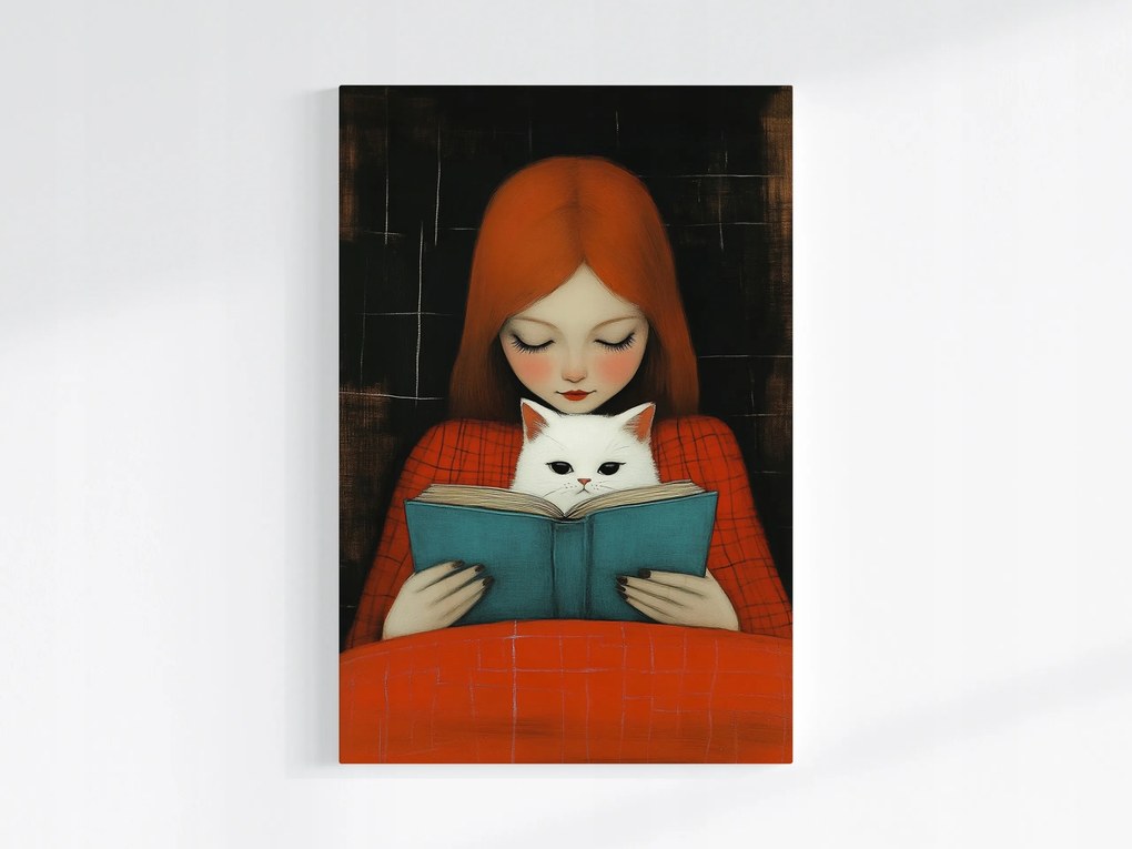 Poszter Vörös Lány Macska Könyv Olvasmány Barátság 40x60