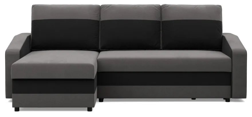 Hewlet sarokkanapé, 2 ágyneműtartóval, szövet anyag, univerzális oldal, bonell töltet, szürke - fekete