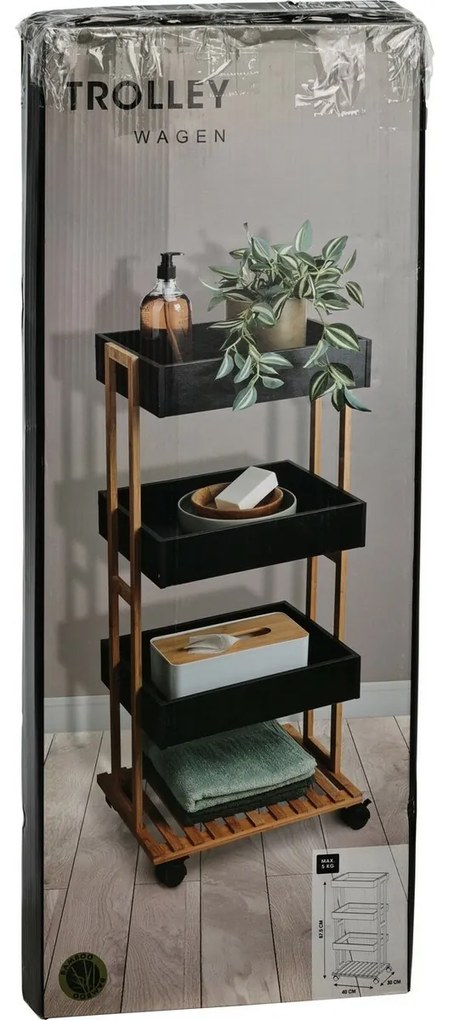 Kerekes tároló polc Bambusz, fekete, 40 x 87,5 x30 cm