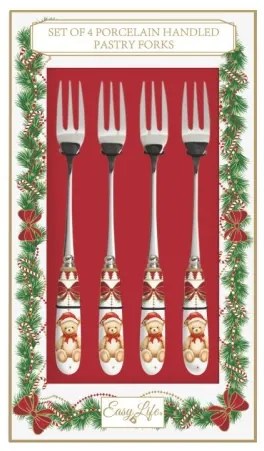 Rozsdamentes acél süteményes villa 4 db-os porcelán dekorborítású nyéllel Magie de Noel