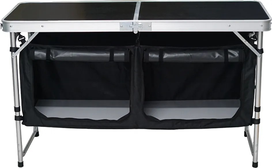 Összecsukható kempingasztal rendszerezővel, 120 cm, alumínium/MDF, KEPI TYP 3