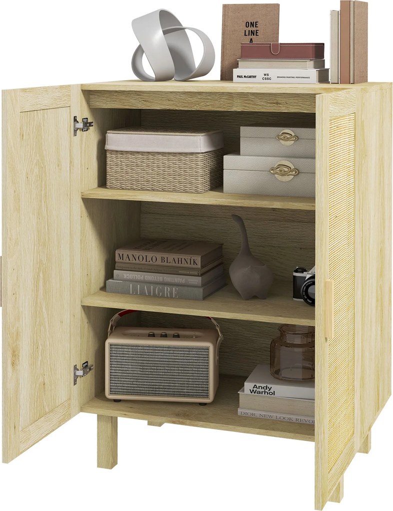 HOMCOM Rattan Cane 2-ajtós Komód Bohém Stílusban Állítható Polcokkal Étkezőbe, Előszobába, Hálószobába Természetes 73x41x102 cm | Aosom