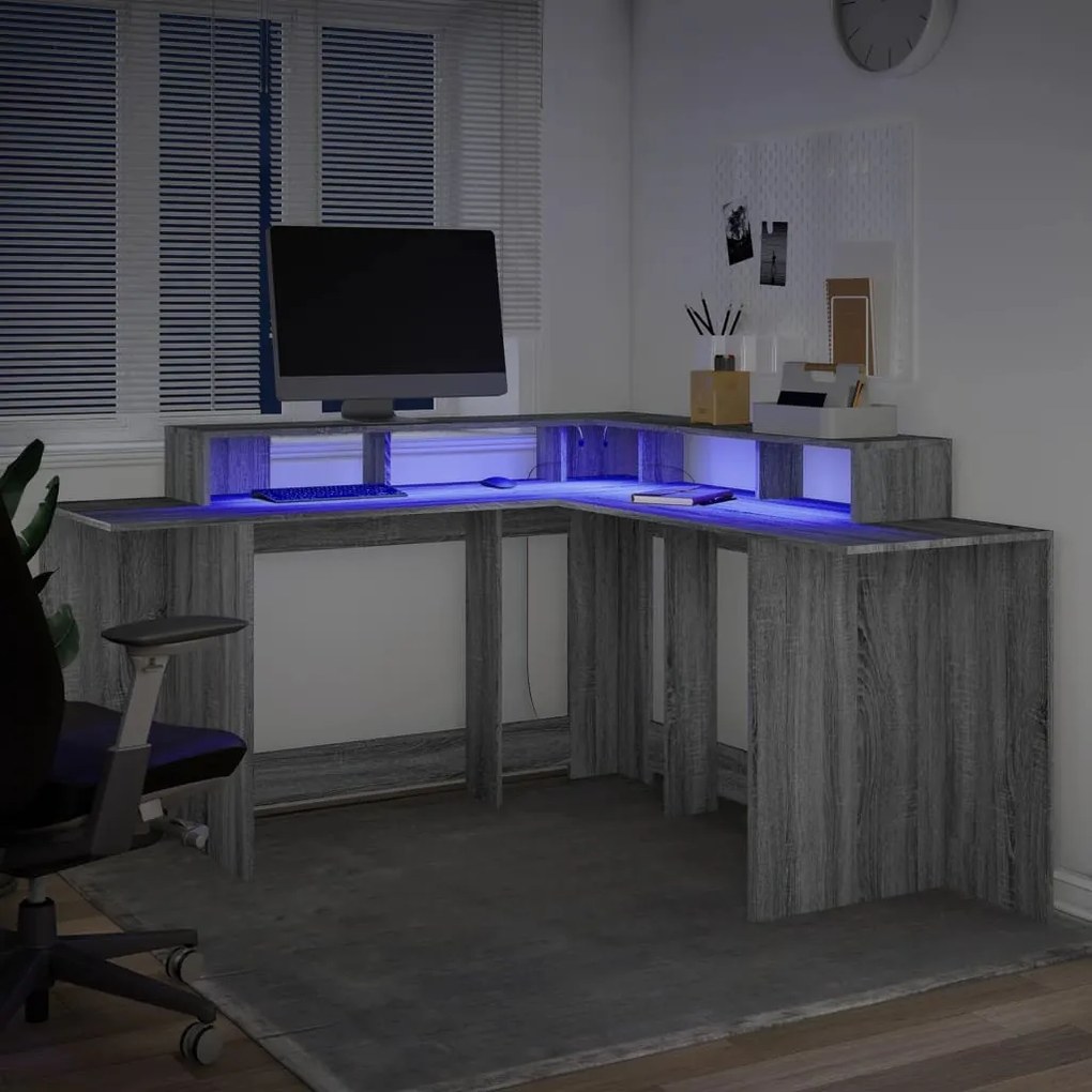 szürke sonoma színű szerelt fa LED-es íróasztal 152x152x91 cm