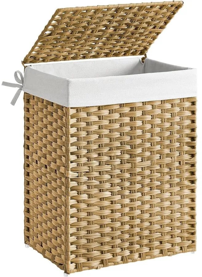 Kézzel szőtt szennyestartó, 90 literes, szintetikus rattan ruháskosár natúr