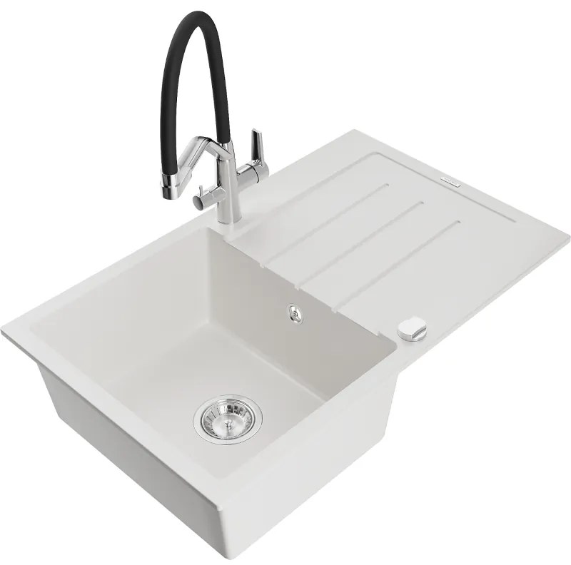 Mexen Bruno gránit egytálcás mosogató csepegtetővel és Duo konyhai csapteleppel, fehér - 6513-20-671701-07