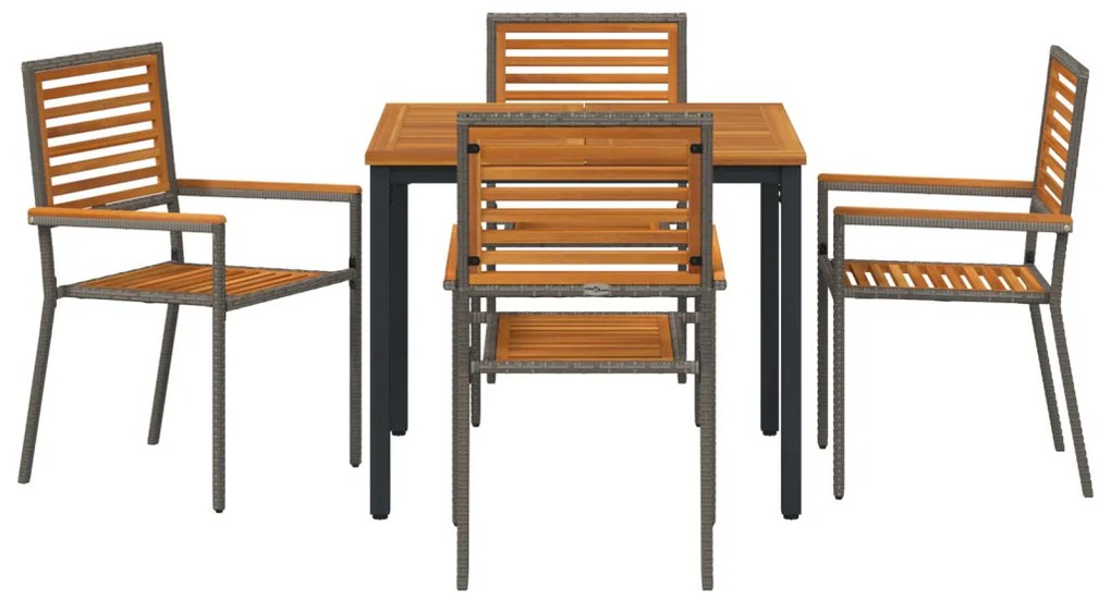 5 darabos kerti étkező szett szürke poli rattan akáccal, összecsukható kerti székek párnákkal 2 db szürke poli rattan, kerti asztal 90x90x75 cm szilárd akácfából és fémből