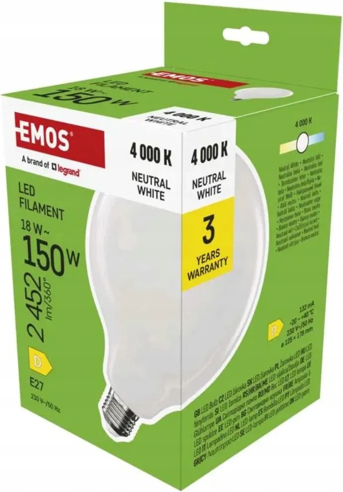 Nagy teljesítményű Led izzó G125 globe nagy gömb 18W-150W 2452lm E27 semleges Emos