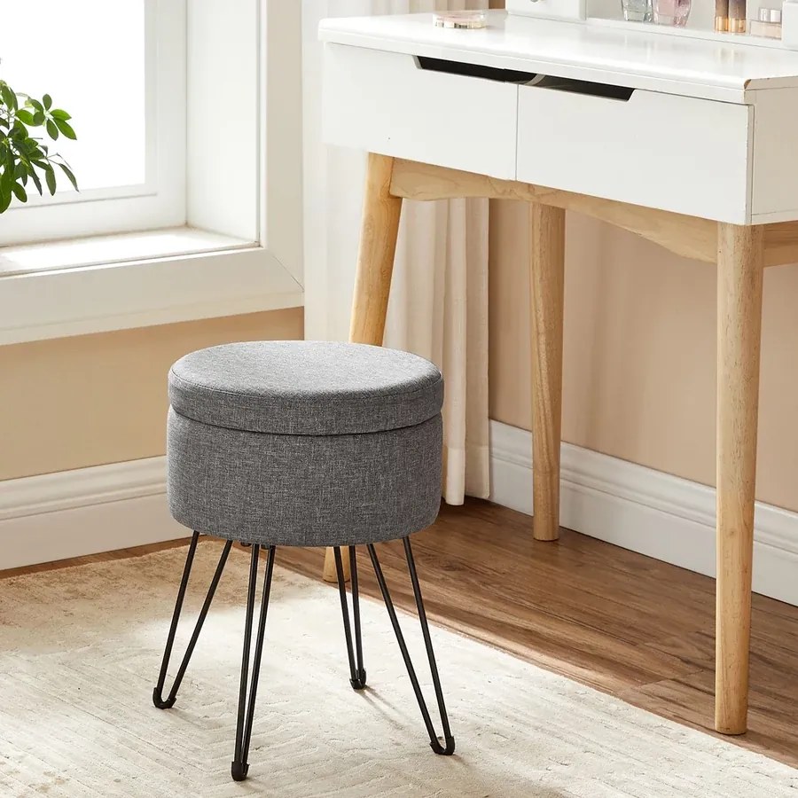 Puff, Kerek ülőke tárolóhellyel 31x43 cm ( (Ø x M), fém lábak, párnázott ülés, sötétszürke