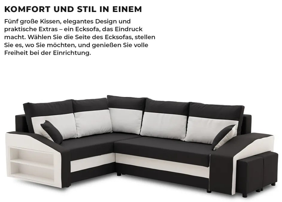 Grande sarokkanapé polcokkal és puffokkal , polc a bal karfaban puffok a jobb karfaban, baloldali, szövet anyag, hab töltet, fekete - fehér
