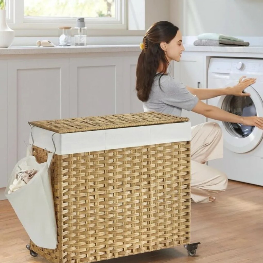 AVA műrattan ruháskosár kerekekkel, 140l, természetes barna SongmicsHome
