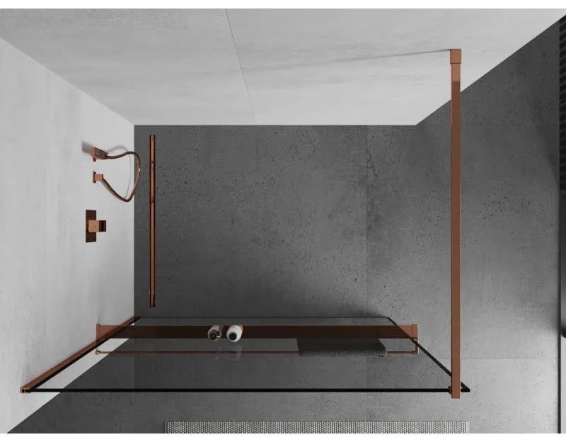 Mexen Kioto +, zuhanyparaván polccal és törölközőtartóval 130 x 200 cm, 8mm átlátszó üvegmintás fekete, rózsa arany profil, 800-130-121-60-70