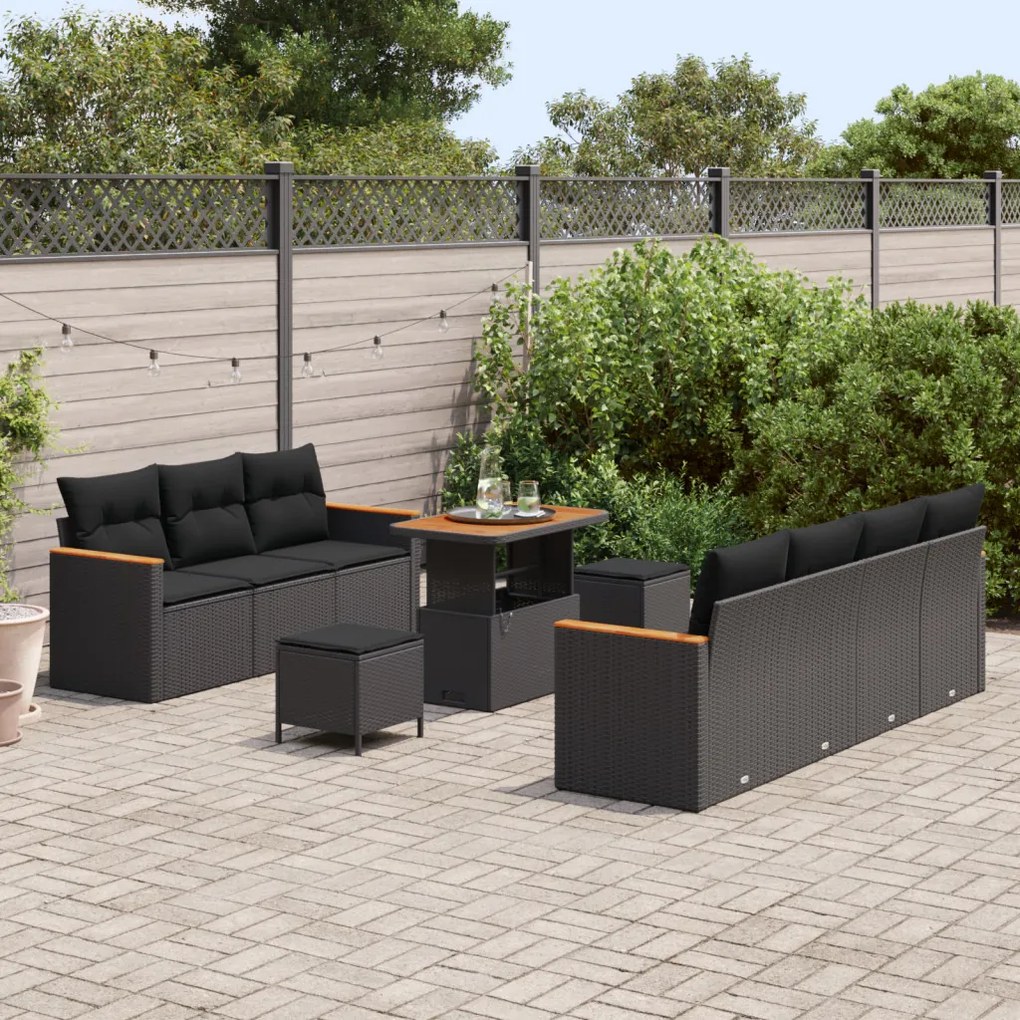 10 Részes Kert Sofa Szett Párnákkal Fekete Poli Rattan Akáciával