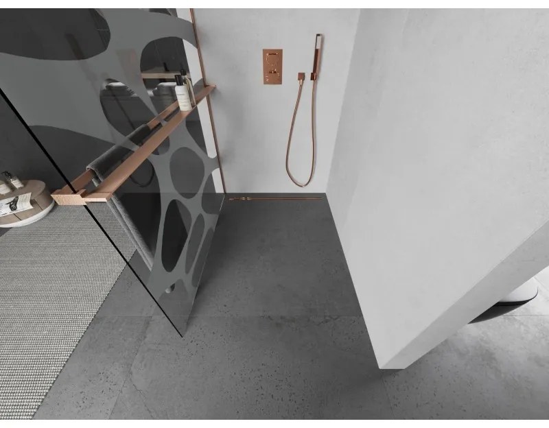 Mexen Kioto+, Walk-In zuhanyparaván polccal és akasztóval 70 x 200 cm, 8 mm átlátszó üveg fehér mintás, réz matt profil, 800-070-121-65-97