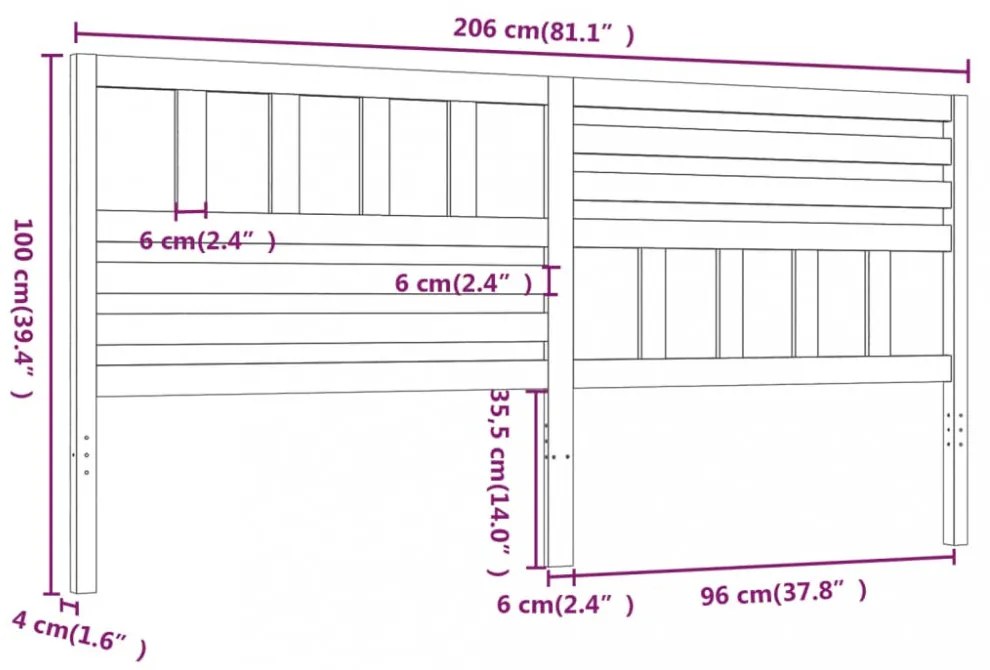 fekete tömör fenyőfa ágyfejtámla 206 x 4 x 100 cm