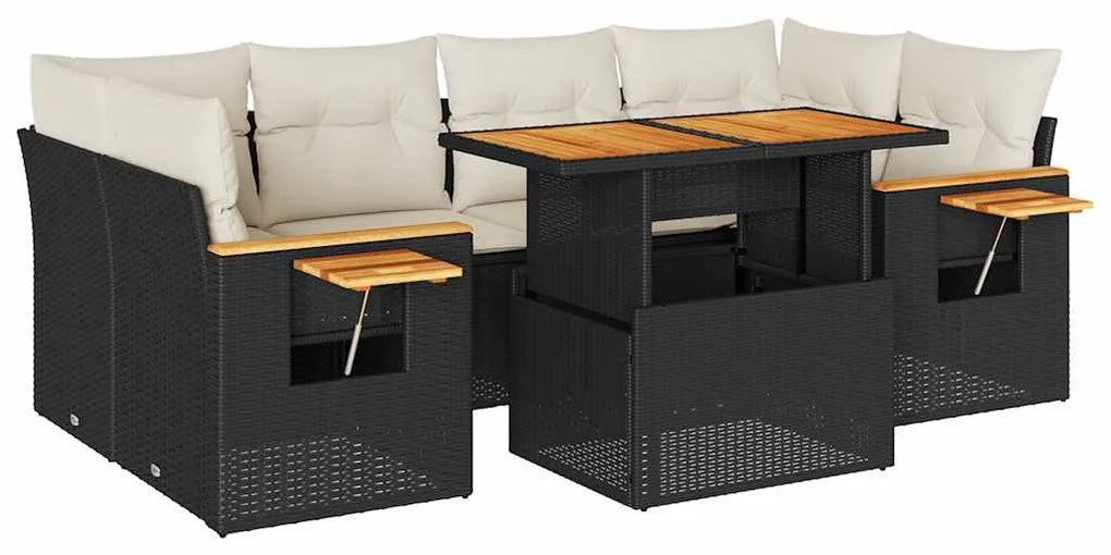 7 részes fekete polyrattan akácfa kerti ülőgarnitúra párnával
