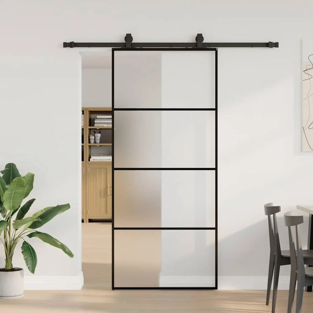Fekete ESG üveg tolóajtó fémszerelvény-szettel 90x205 cm