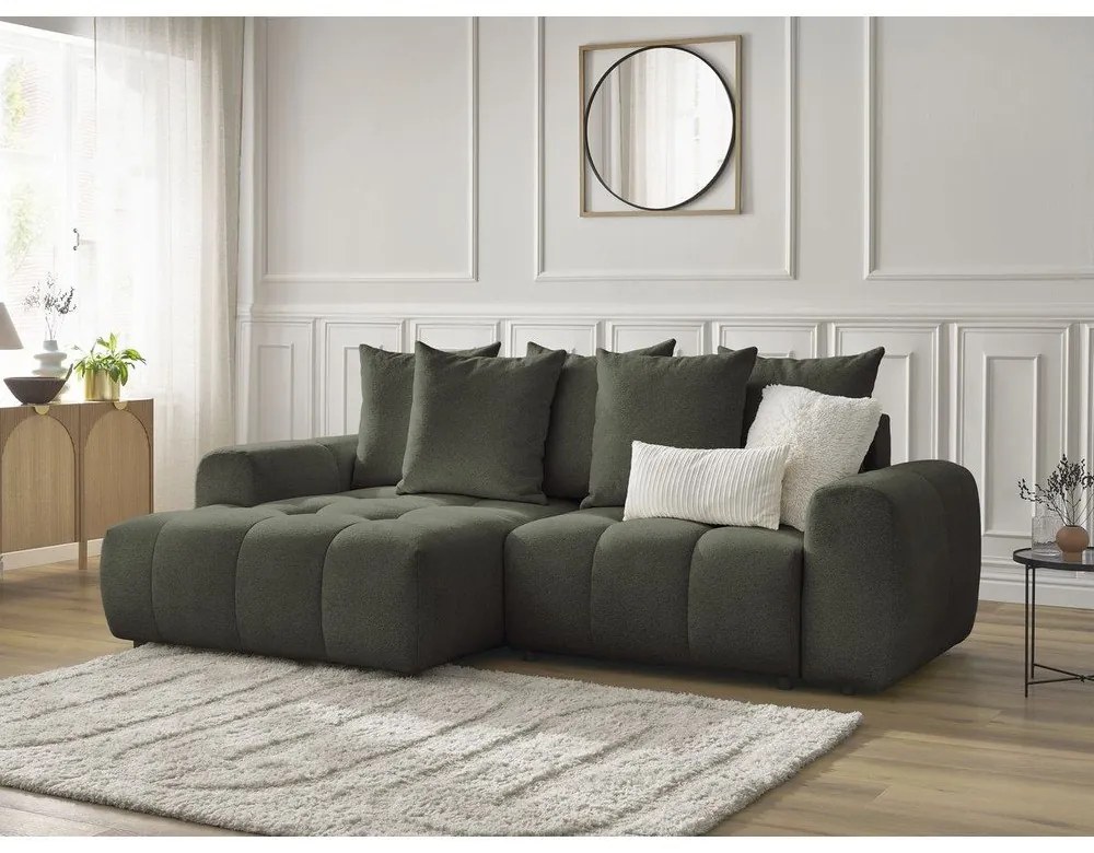 Khaki zsenília kinyitható-tárolóhelyes sarokkanapé (bal oldali-heverő résszel) Roxelane – Bobochic Paris