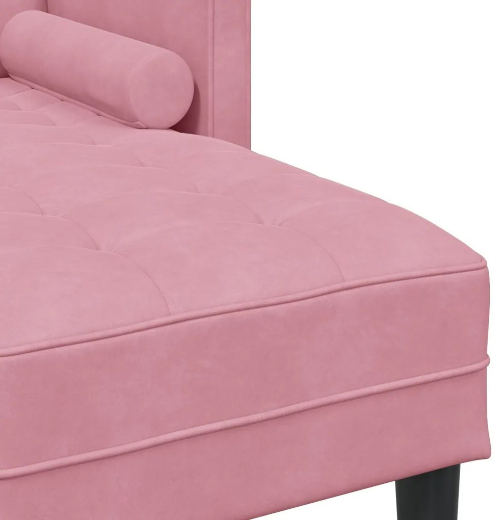 Kerti kanapé padokkal és párnákkal L-alakú rózsaszín bársonyos, 3 személyes kanapé chaise longue világos rózsaszín 160 cm bársonyból, Zsöllye rózsaszín 113x57x39 cm bársonyos