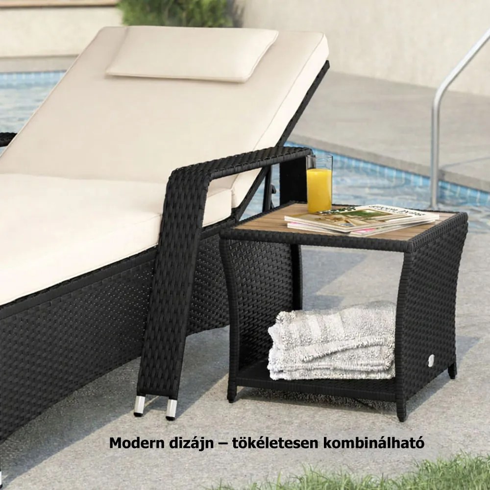 ROCCO polyrattan oldalasztal akácfával, 40x45x45cm, fekete/barna Casaria