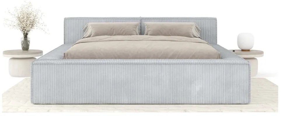 Világosszürke kárpitozott ágyneműtartós franciaágy ágyráccsal 200x200 cm Voliera – Maison de Rêve