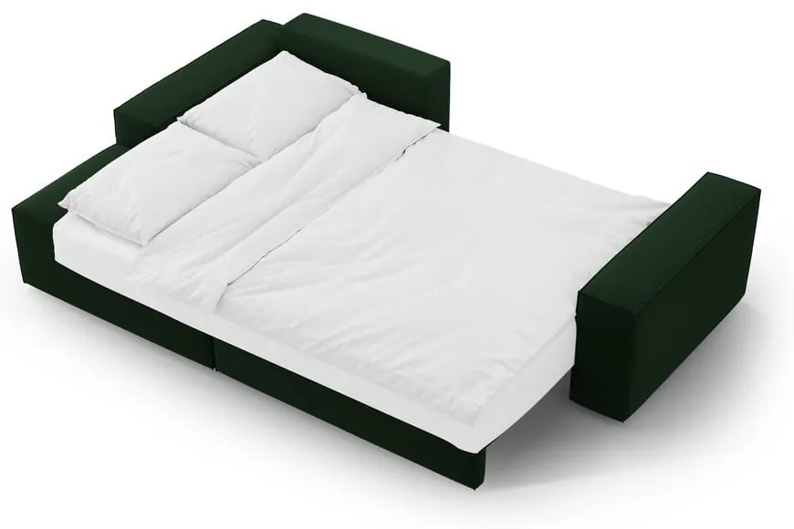 Sötétzöld bársony kinyitható-tárolóhelyes sarokkanapé (bal oldali-heverő résszel) Jodie – Micadoni