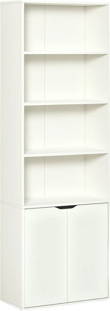 HOMCOM 4 Nyitott Polccal és 2 Ajtóval Rendelkező Könyvespolc Nappaliba, Irodába, Tanulószobába 80 kg Teherbírás, 59x29x180 cm, Fehér | Aosom