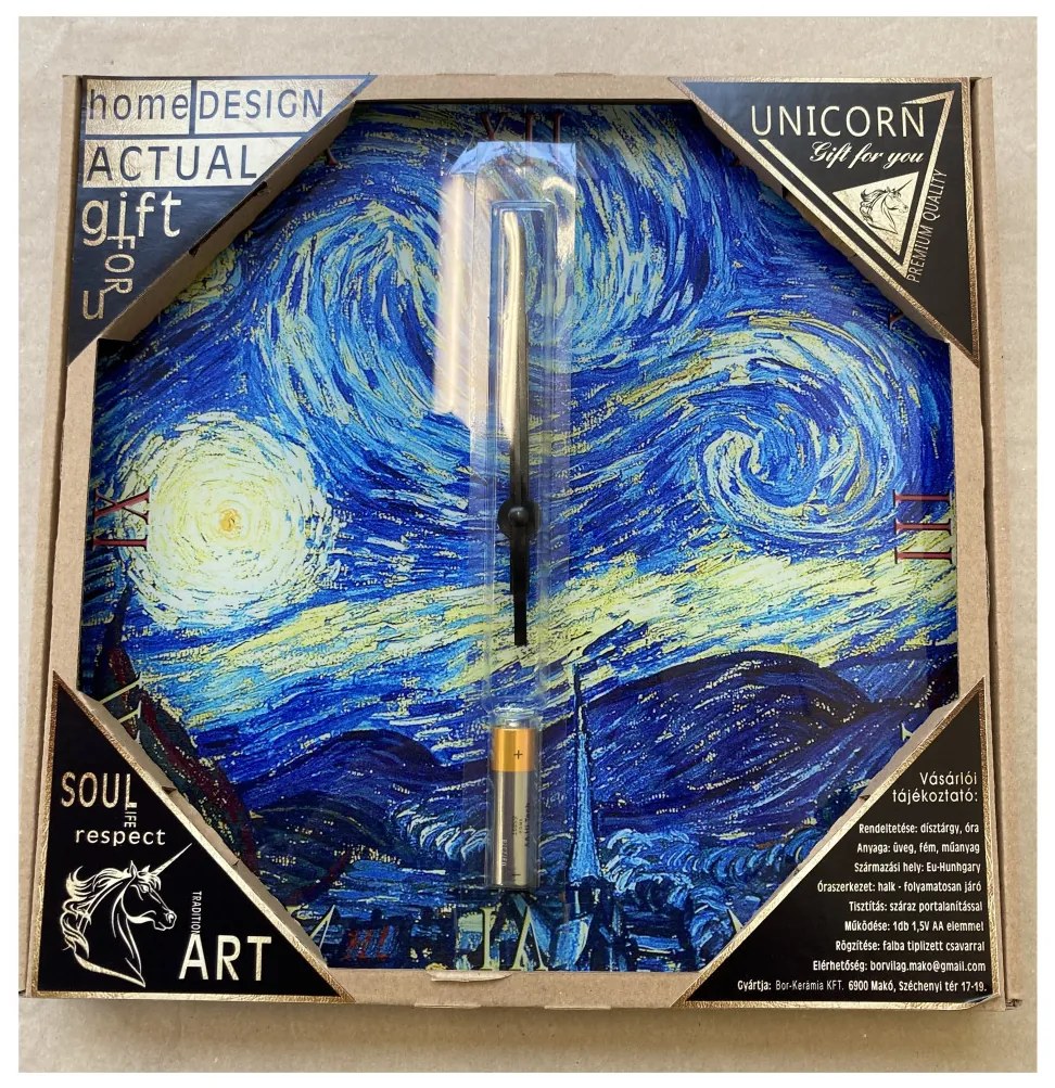 Üveg falióra szögletes 30x30cm, Van Gogh: Csillagos éj