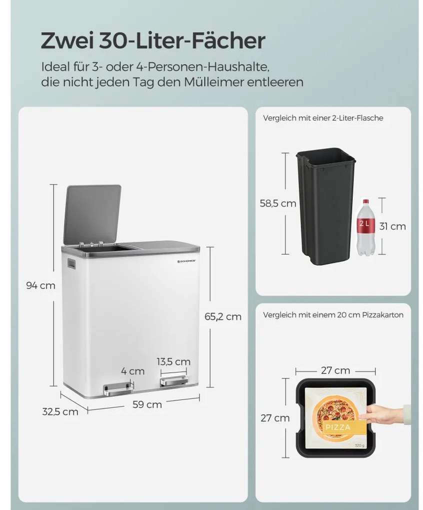 Szelektív szemeteskuka 2x30L, fehér