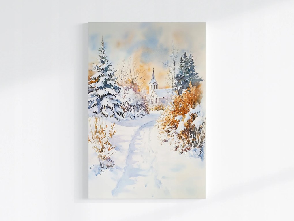 Vászonkép Canvas Tájkép Domb Templom Tél Hó Ösvény 40x60