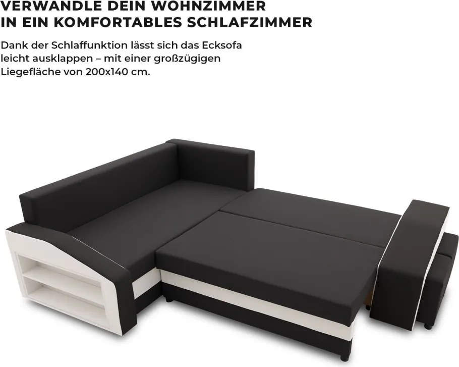 Grande sarokkanapé polcokkal és puffokkal , polc a bal karfaban puffok a jobb karfaban, baloldali, szövet anyag, hab töltet, fekete - fehér