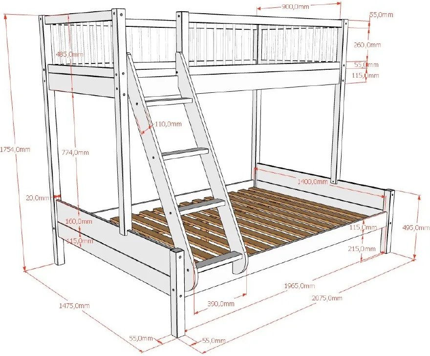 Fehér bükkfa emeletes gyerekágy ágyráccsal 140x200-90x200 cm Forrest – Vipack