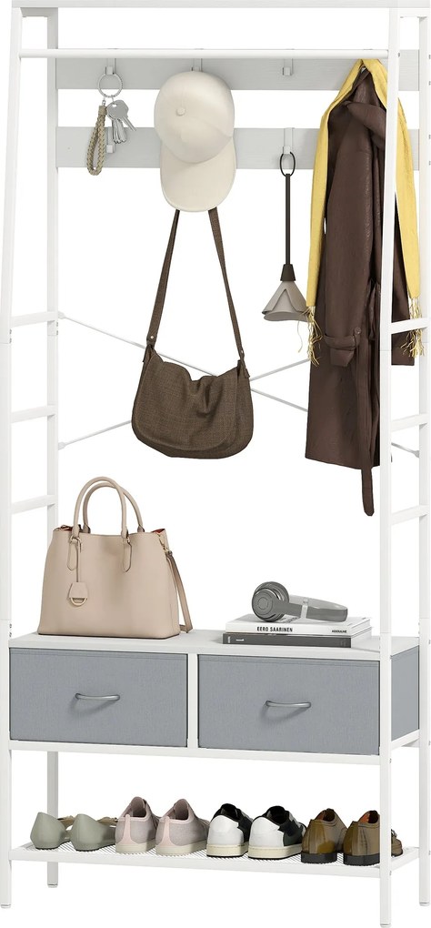 HOMCOM Fali Akasztó és Cipőtartó Rack 8 Akasztóval, 2 Szövet Fiókkal, Háló Polccal Ipari Stílus, 80x30x180.5 cm - Fehér | Aosom
