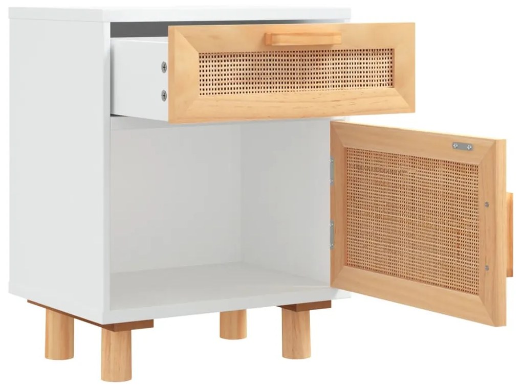 Fehér tömör fenyőfa és természetes rattan éjjeliszekrény