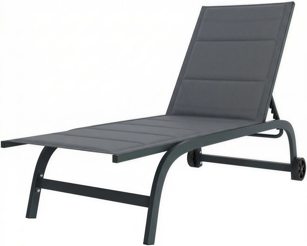 Outsunny alumínium napozóágy, 6-fokozatú dönthető háttámla kerekekkel, Textilene 560 g/m² és beépített párna — sötétszürke | Aosom