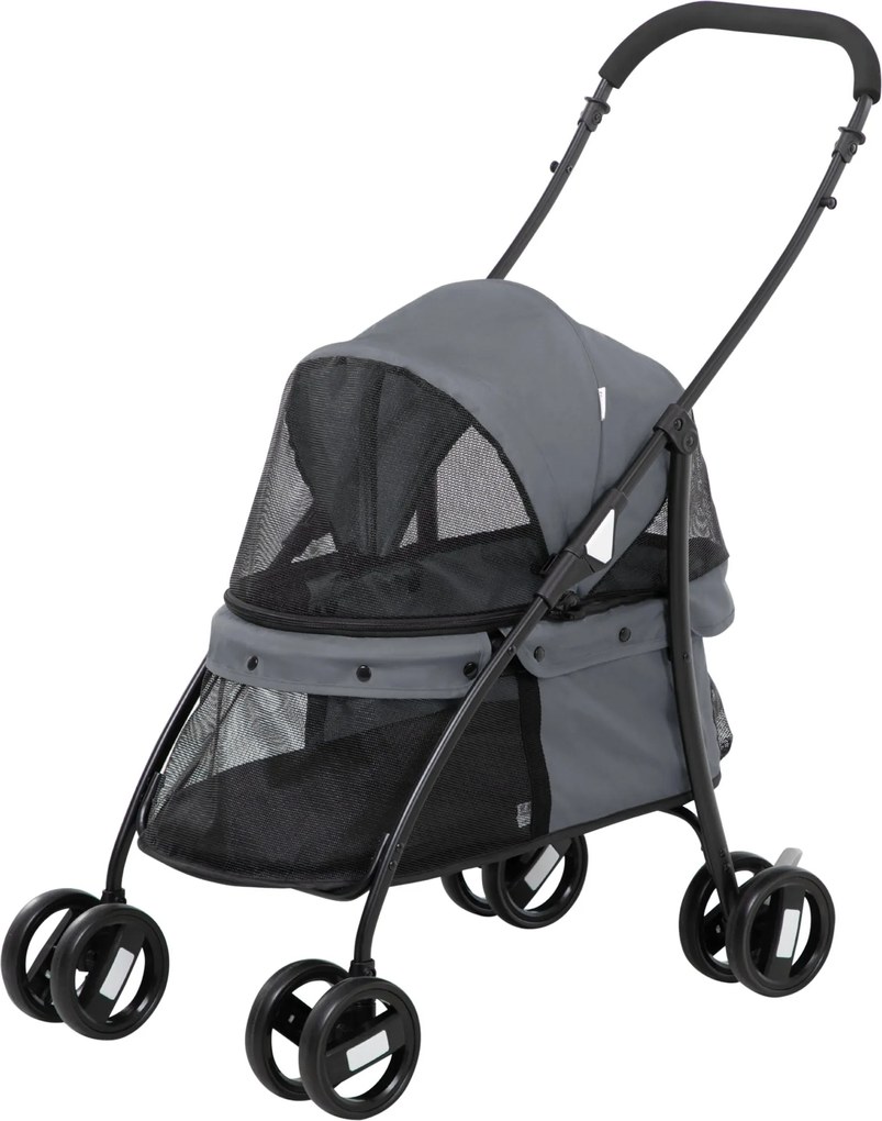 PawHut Összecsukható Kutyakocsi Kisebb Kutyák Számára Hálóablakokkal, Mosható Párnával, Biztonsági Övekkel és Acél Vázszerkezettel, Teherbírás: 15 kg,