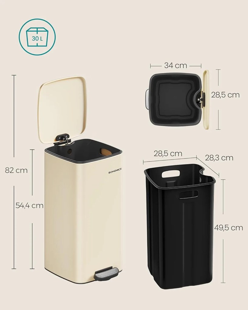 SONGMICS pedálos konyhai szemetes 30 L, halk záródású fedéllel, kivehető belső vödörrel, homokbézs
