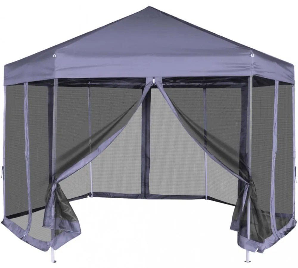 sötétkék hatszögletű felugró pavilon 6 oldalfallal 3,6 x 3,1 m
