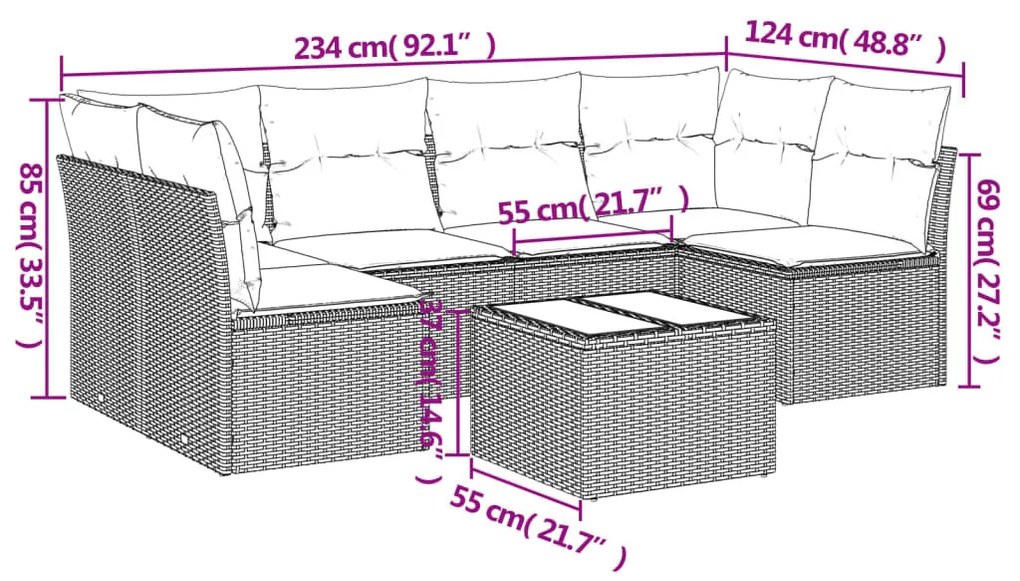 7 részes szürke polyrattan kerti ülőgarnitúra párnákkal