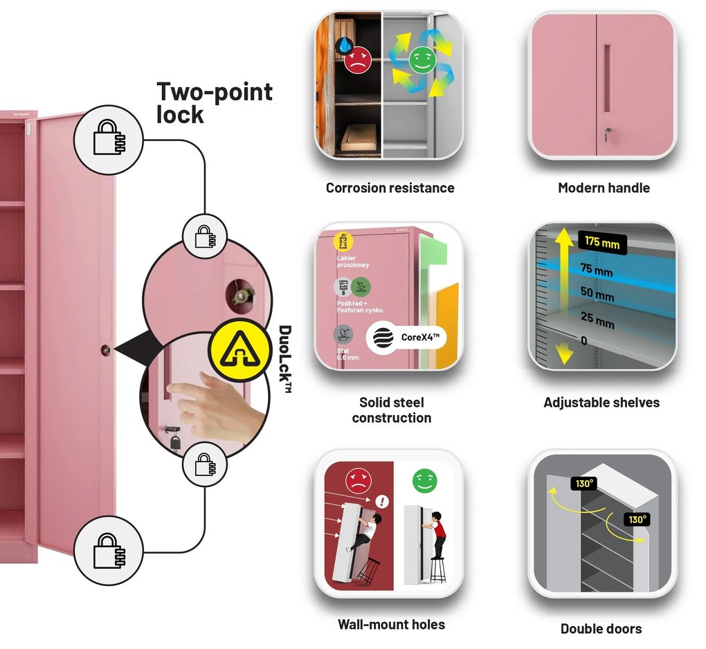 Fémszekrény otthoni irodába JAN, 900 x 1850 x 400 mm, Fresh Style: púderrózsaszín