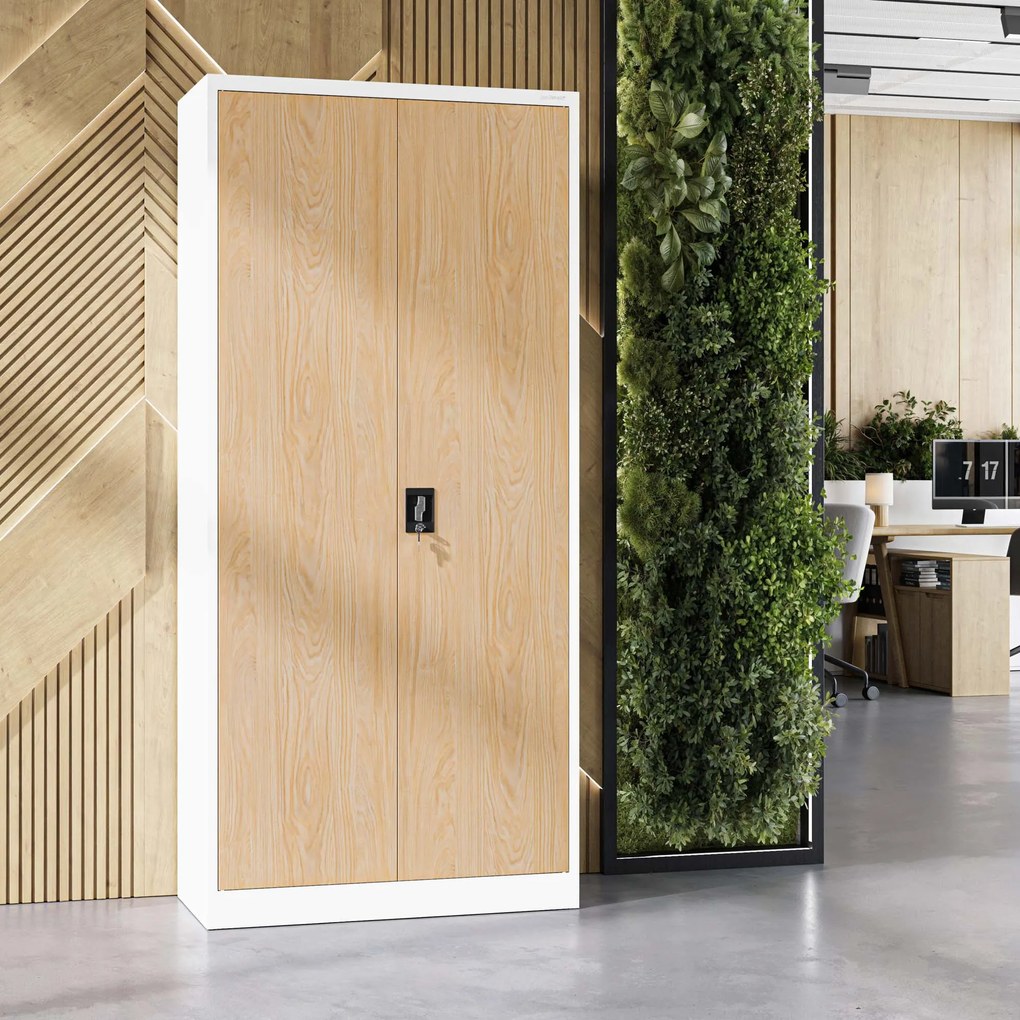 Fém iratszekrény JAN H, 900 x 1950 x 400 mm, Eco Design: fehér/ sonoma tölgy