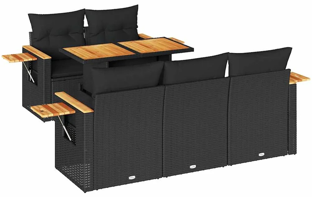6 részes fekete polyrattan akácfa kerti ülőgarnitúra párnákkal